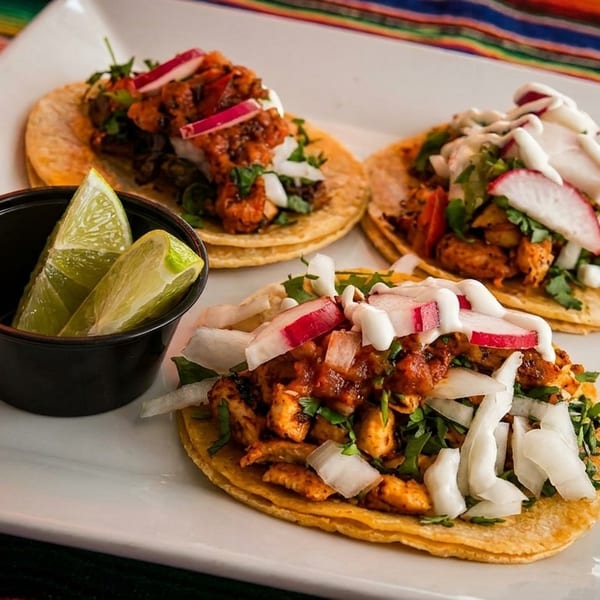 Three vibrant chicken tacos with radishes, onions, and sauce, served with lime wedges on a white plate.