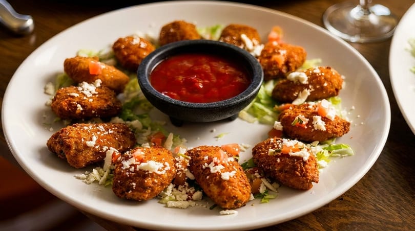 Crispy fried appetizers with crumbled cheese, diced tomatoes, and a side of red salsa on lettuce.