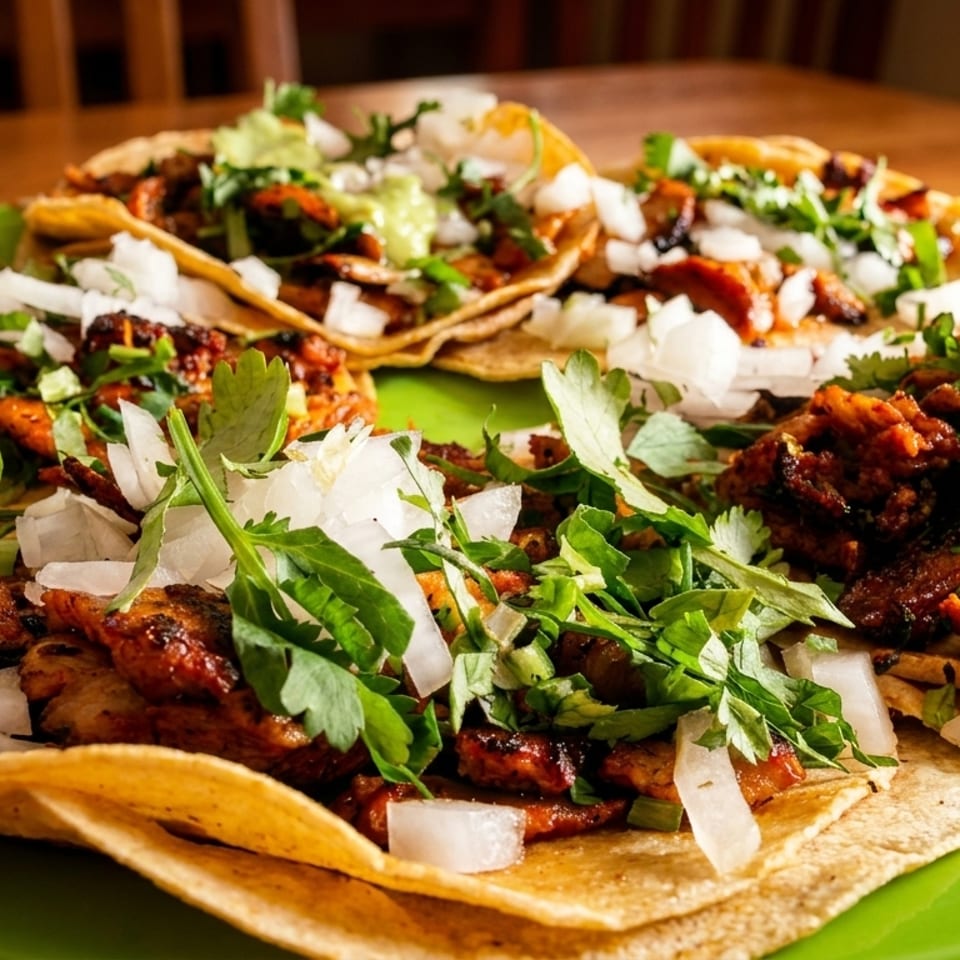 A vibrant green plate holds several street tacos topped with meat, onions, cilantro, and a lime wedge.