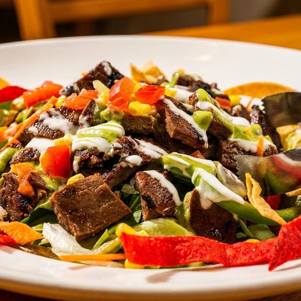 Steak salad with corn, tomatoes, colorful tortilla strips, and green and white drizzles.